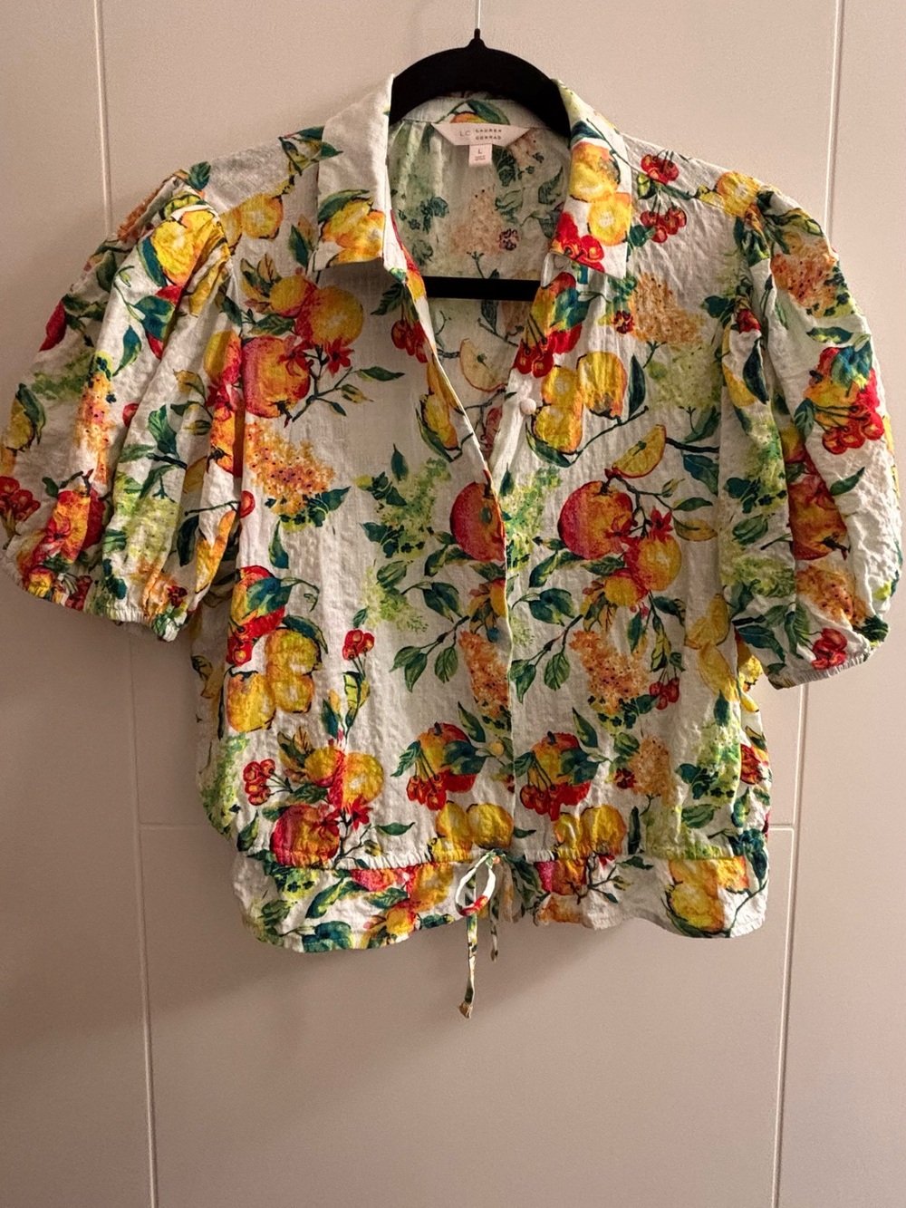 LC Lauren Conrad White Button-Down Top with Yellow Lemon & Green Leaf Print